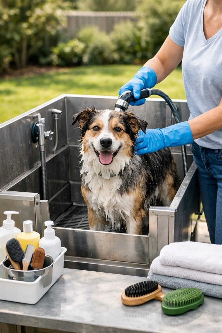 A dog standing in a stainless steel tub at an outdoor dog bathing station while a person washes it.