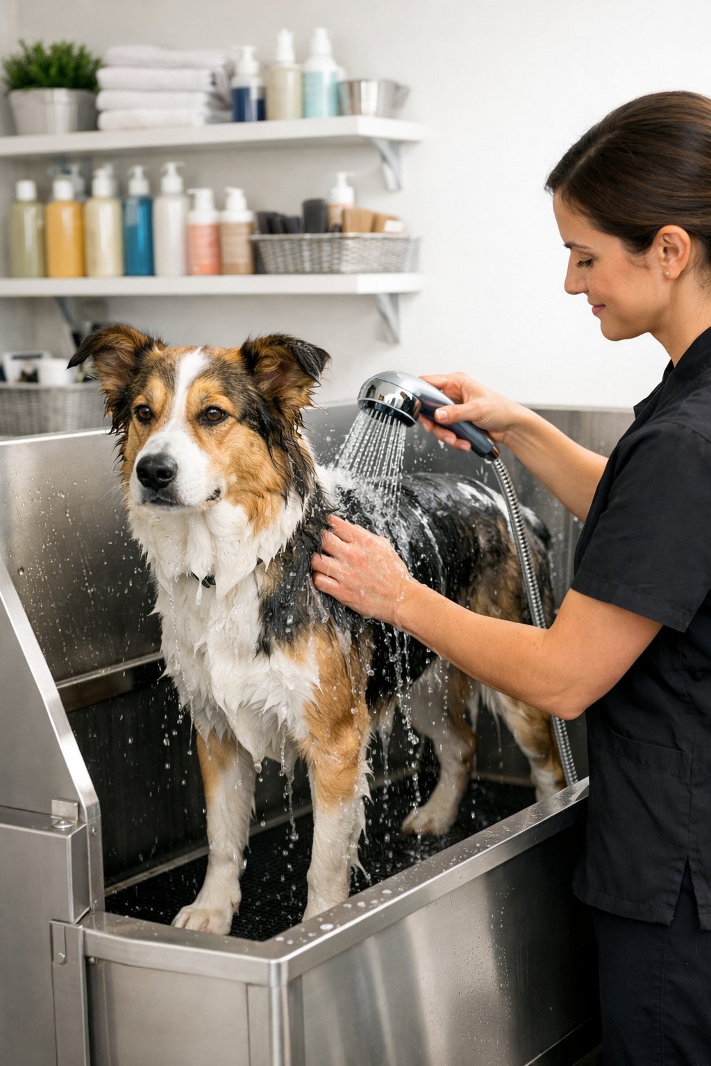 A dog being bathed in a grooming salon by a groomer using a handheld showerhead in a stainless steel elevated tub.