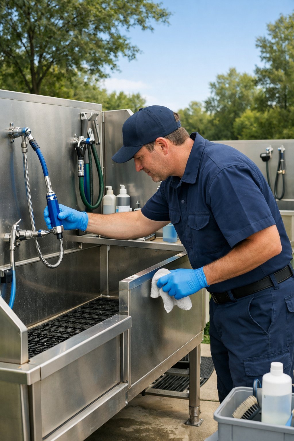 A maintenance worker cleaning and inspecting a dog bathing station outdoors with stainless steel tubs and hoses.