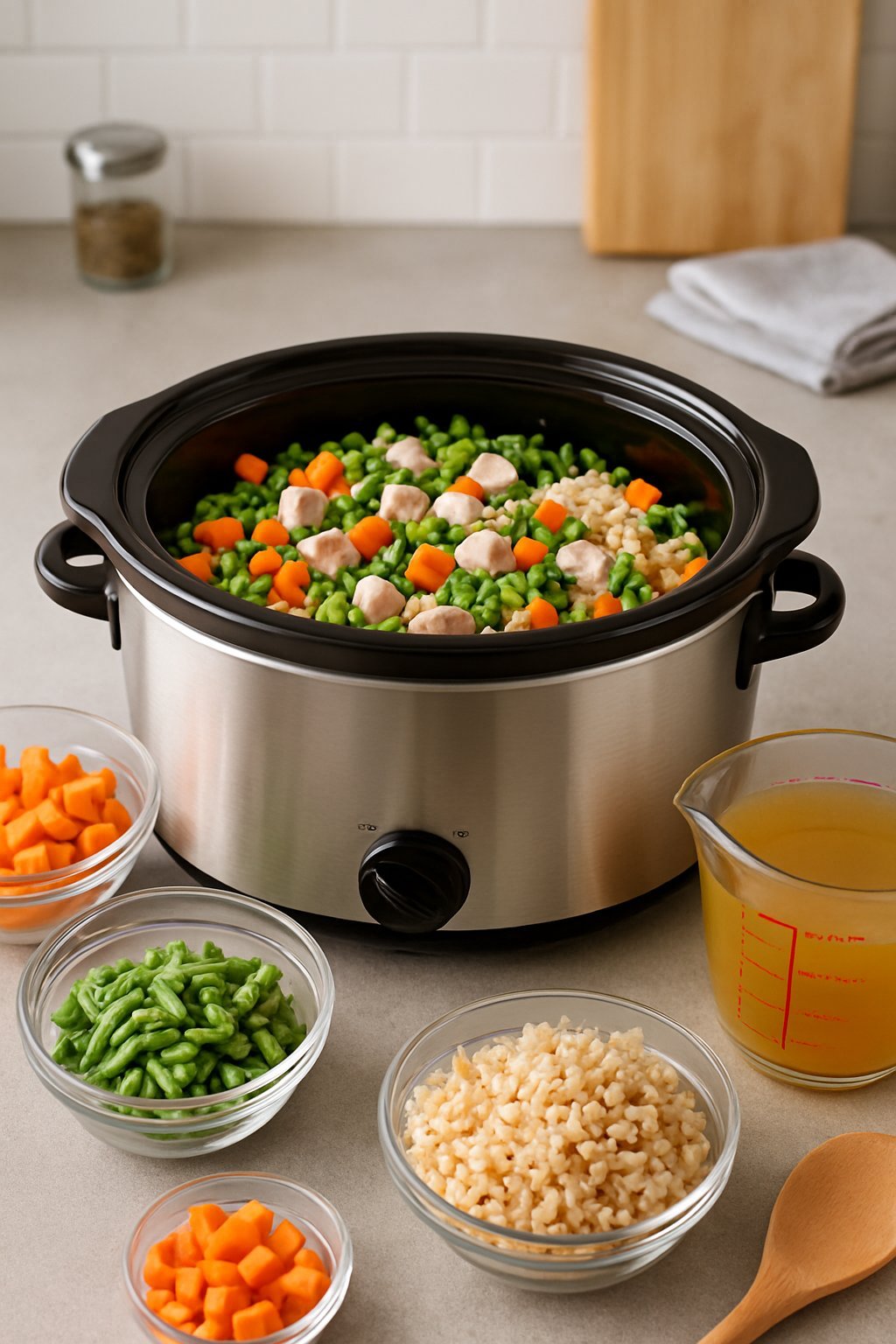 A crockpot on a kitchen countertop with fresh ingredients like carrots, green beans, and chicken being prepared for homemade dog food.