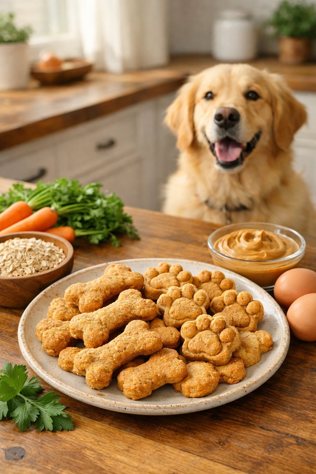 A kitchen countertop with homemade dog treats on a plate, surrounded by ingredients, and a golden retriever looking at them.