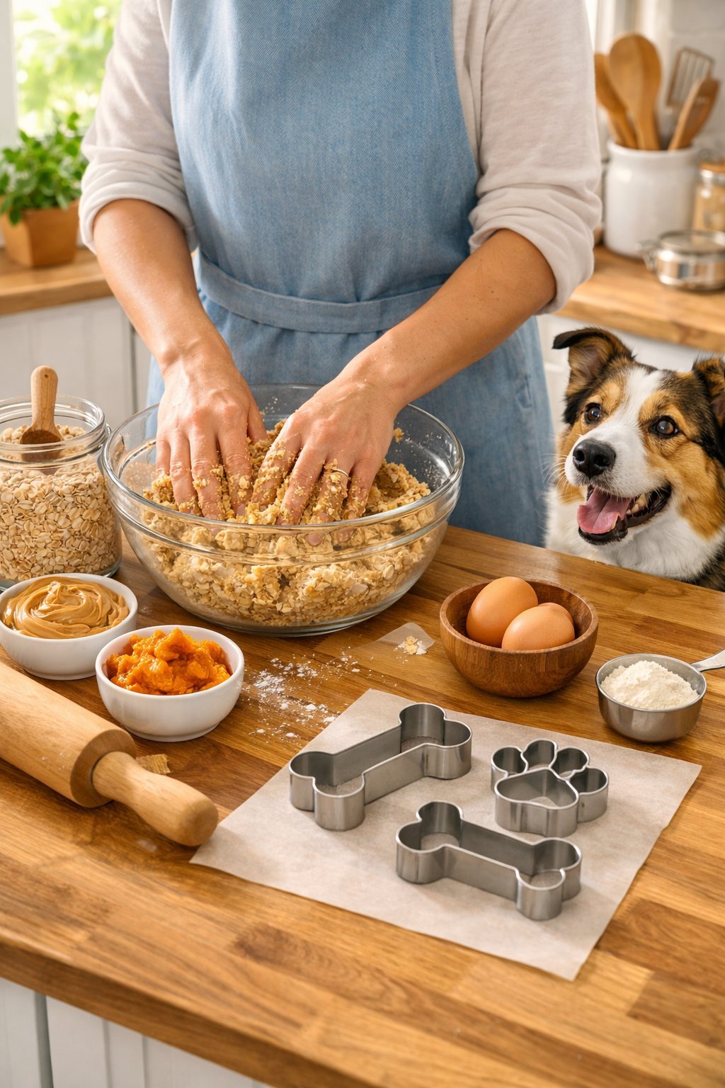 Person preparing homemade dog treats in a kitchen while a dog watches nearby.