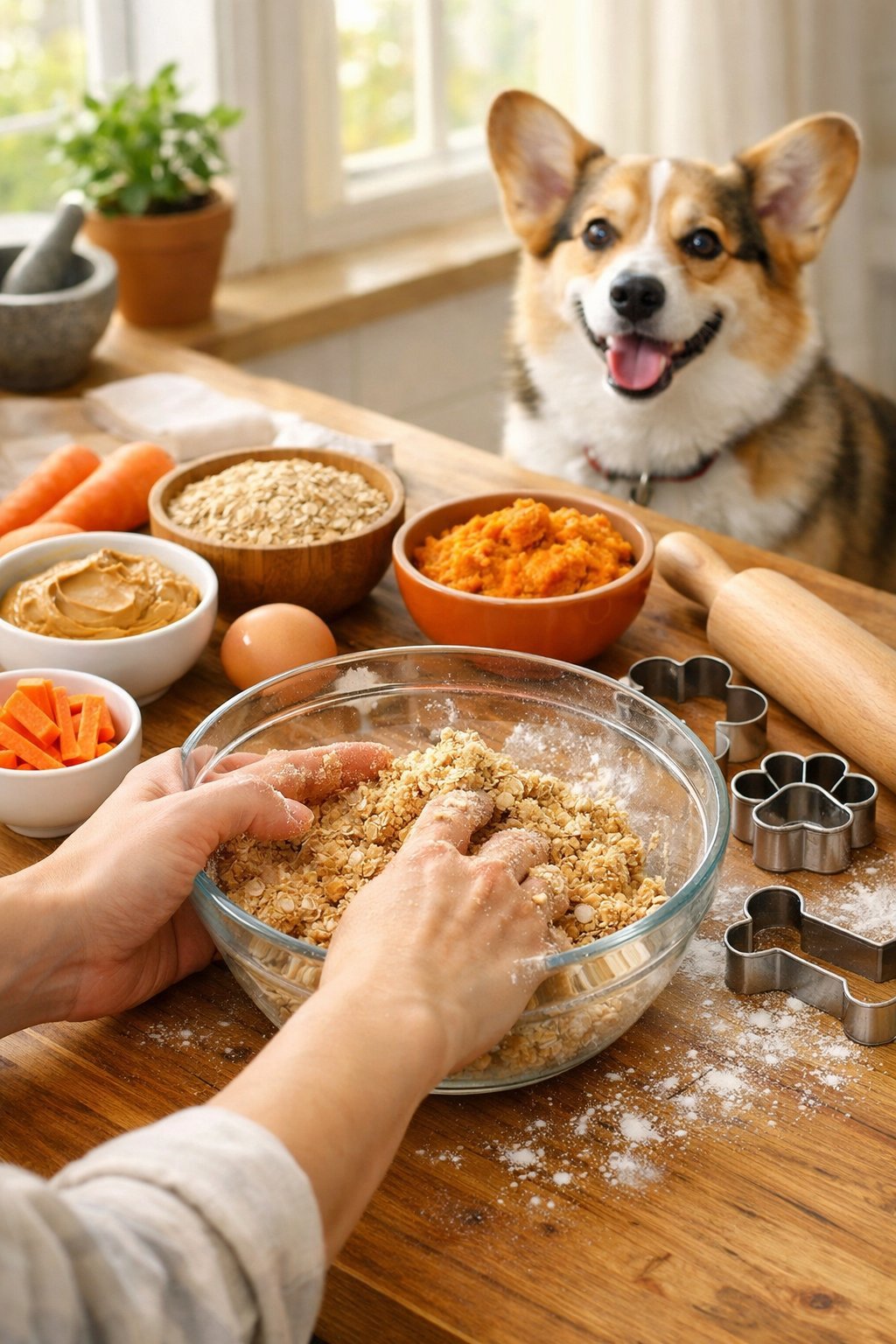 A person preparing dog treats in a kitchen with ingredients on the counter and a dog watching nearby.