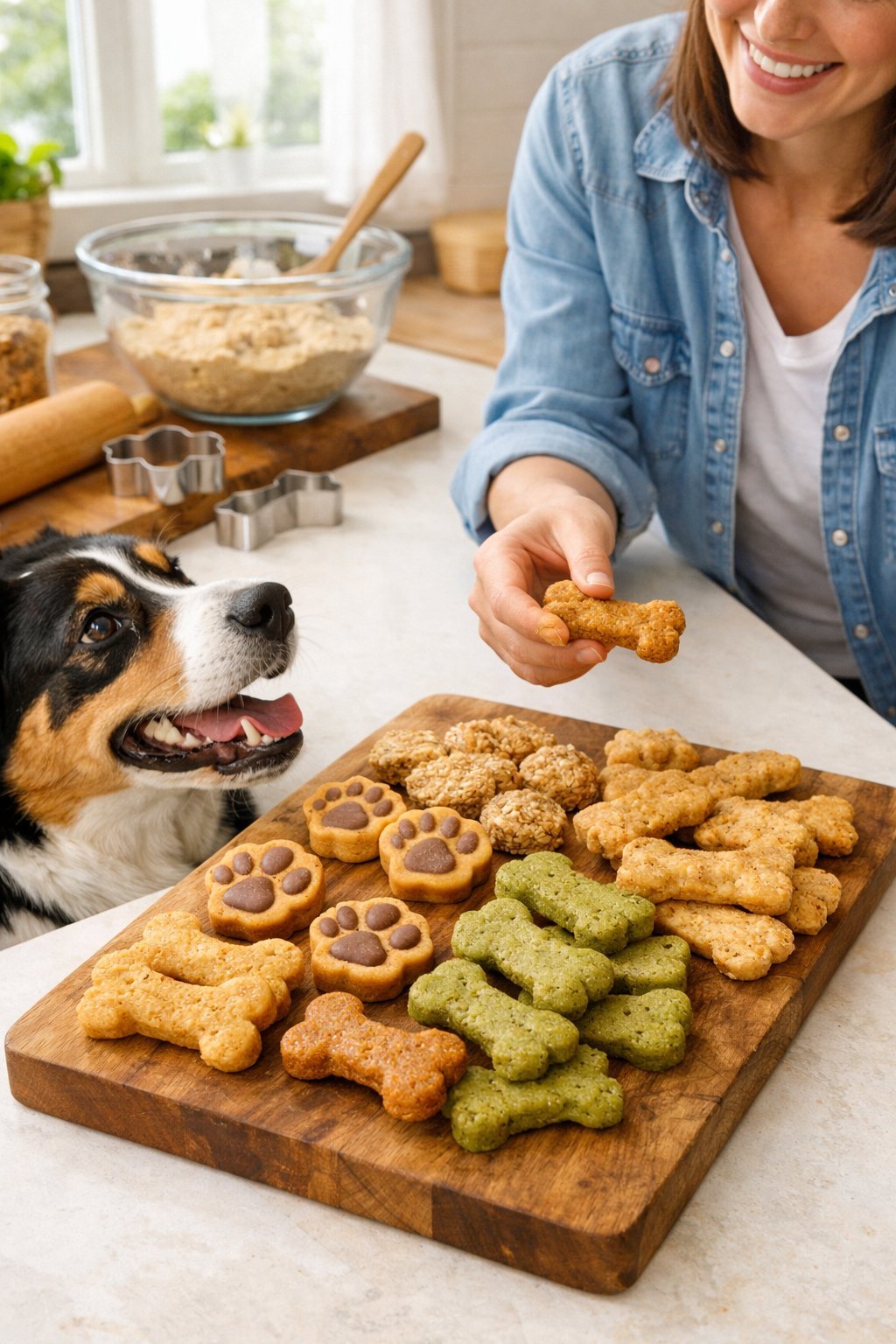 A person holding homemade dog treats in a kitchen with a dog eagerly watching nearby.