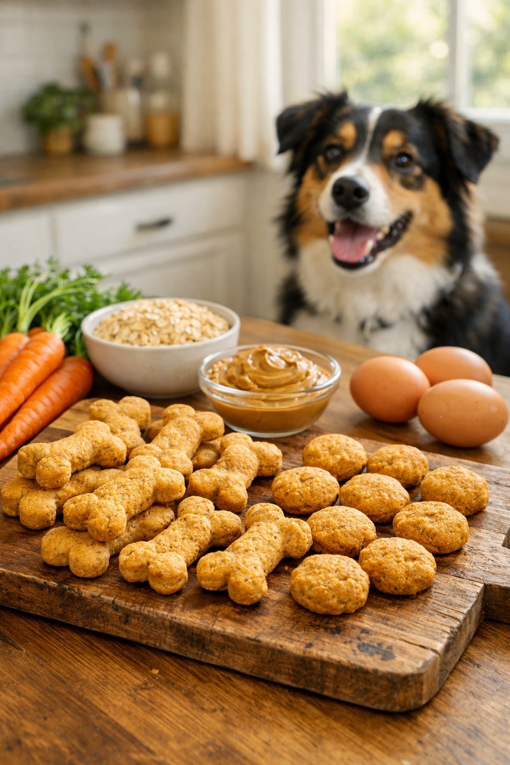 Freshly baked soft dog treats on a wooden board with natural ingredients nearby and a dog watching in a bright kitchen.