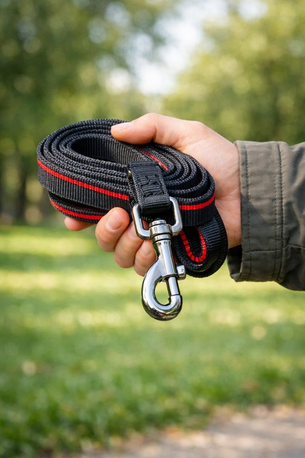 Close-up of a person holding a dog leash outdoors in a park.