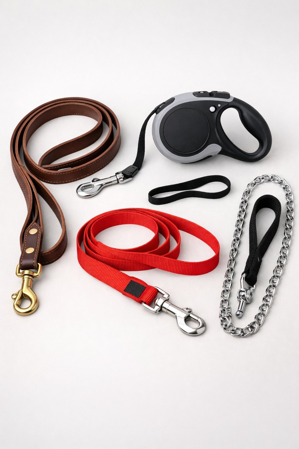 A variety of dog leashes arranged on a plain background, including leather, retractable, nylon, and chain styles.
