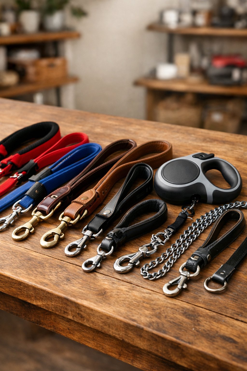 A variety of dog leashes arranged on a wooden table, showing different materials and styles.