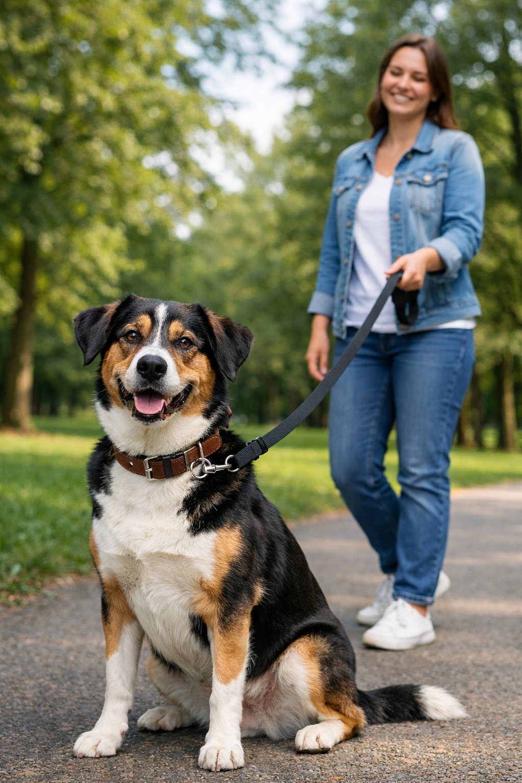 A person holding a dog on a leash outdoors in a park.