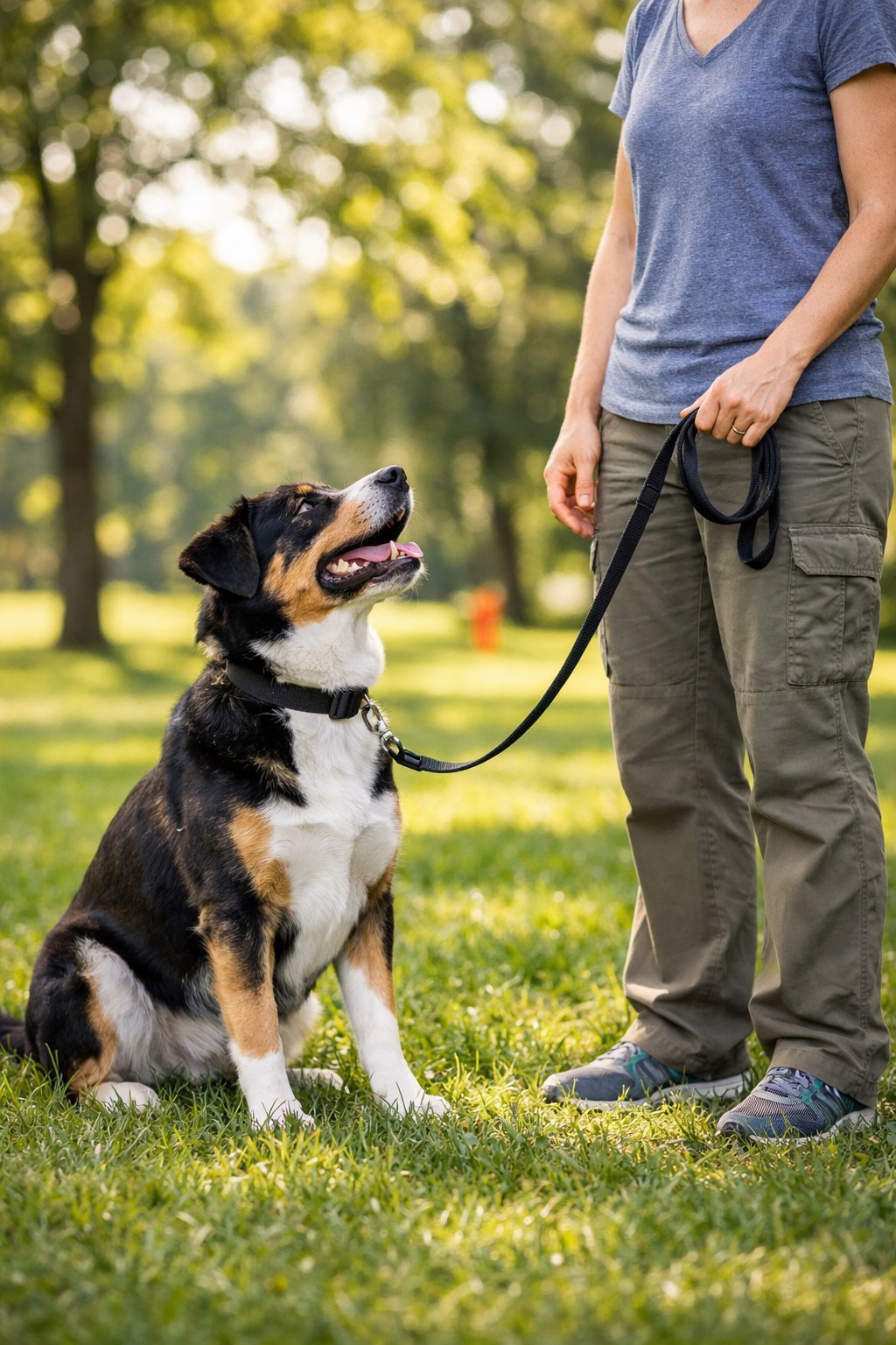 A dog sitting calmly on a leash next to a trainer in a green park.