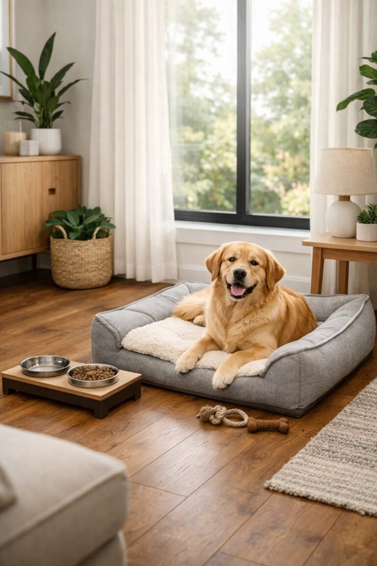 A medium-sized dog resting on a bed in a bright, modern living room with a dog feeding station nearby.