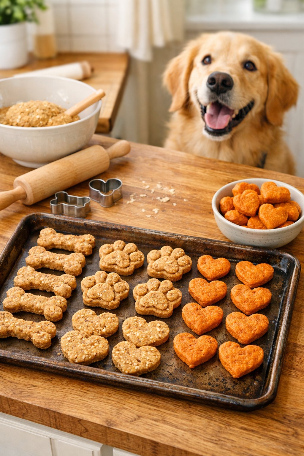 A kitchen countertop with homemade dog treats on a baking sheet and a golden retriever looking at them.