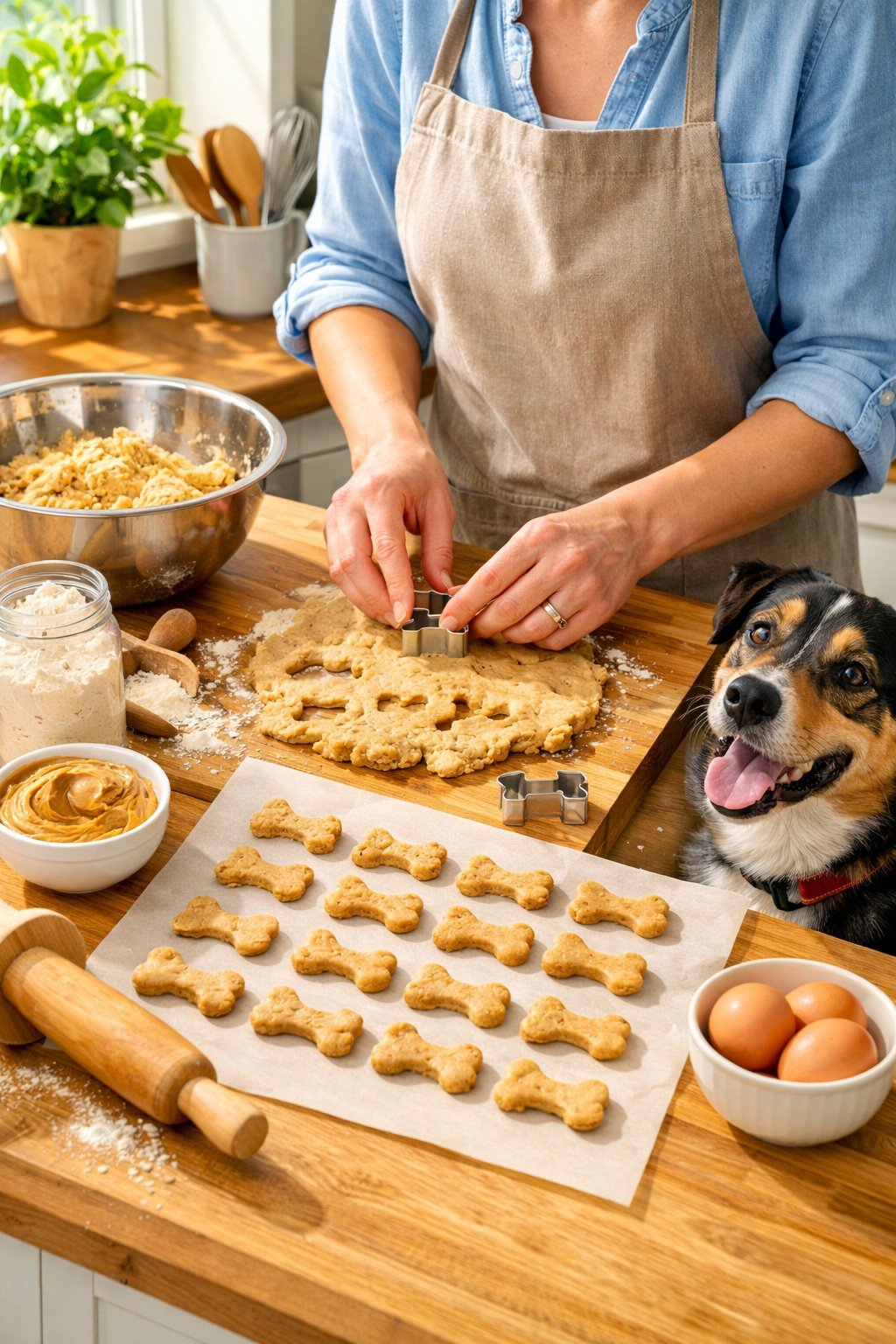 A person making homemade dog treats in a kitchen while a dog watches nearby.
