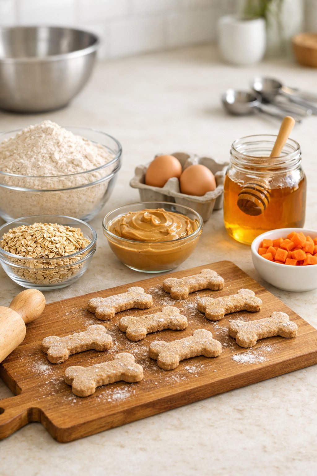 A kitchen countertop with ingredients such as flour, oats, peanut butter, eggs, honey, and carrots arranged alongside shaped dog biscuits and baking tools.