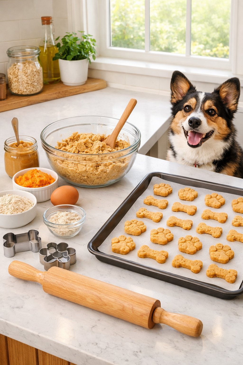A kitchen countertop with ingredients and tools for making dog treats, a baking tray with treats, and a dog watching nearby.
