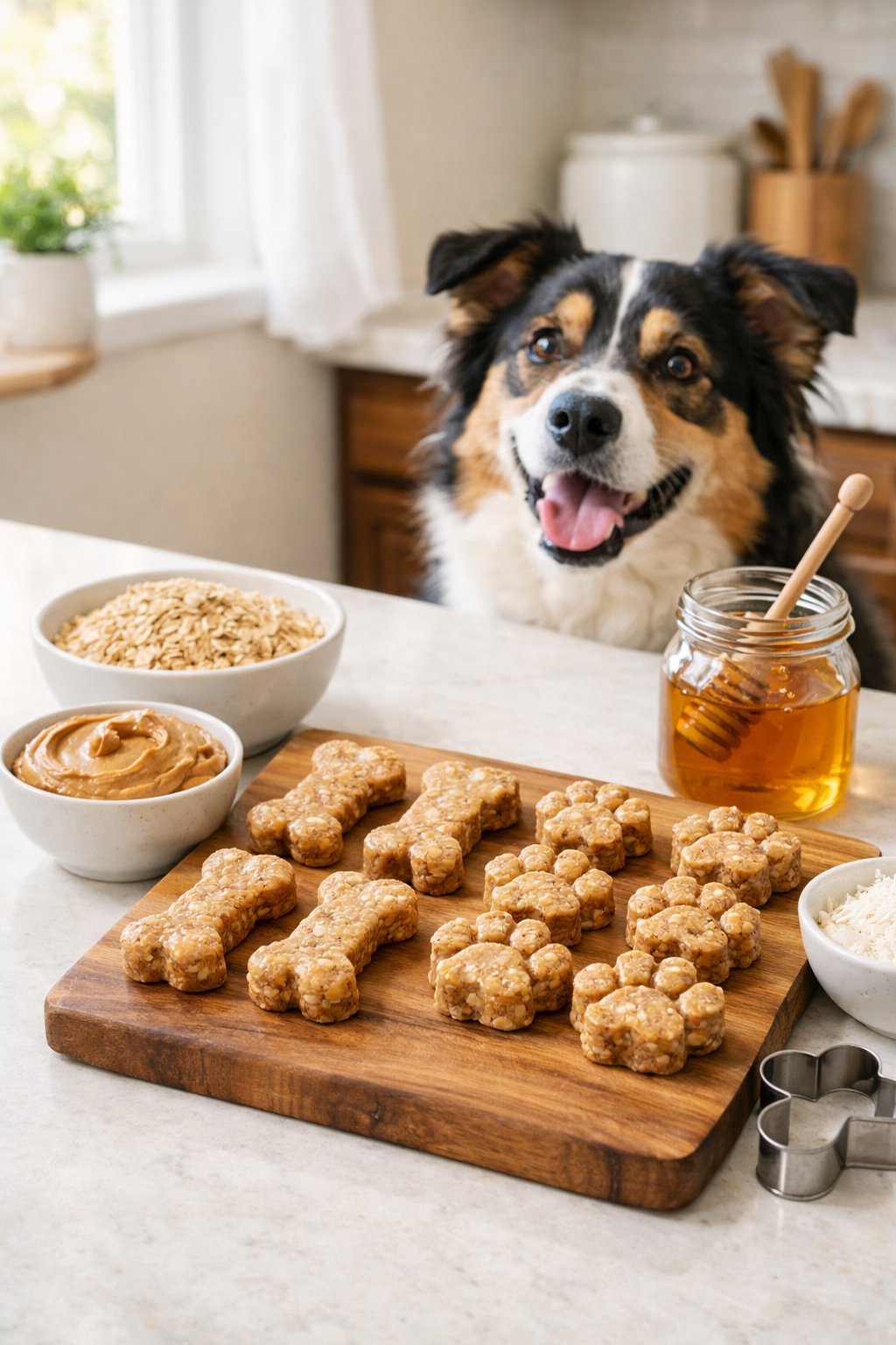 A kitchen countertop with homemade dog treats, ingredients, and a dog watching nearby.