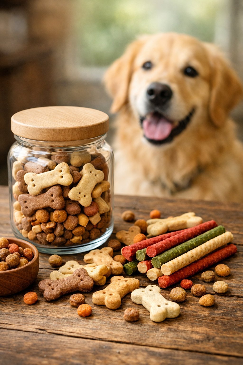An assortment of dog treats on a wooden table with a golden retriever looking at them in the background.
