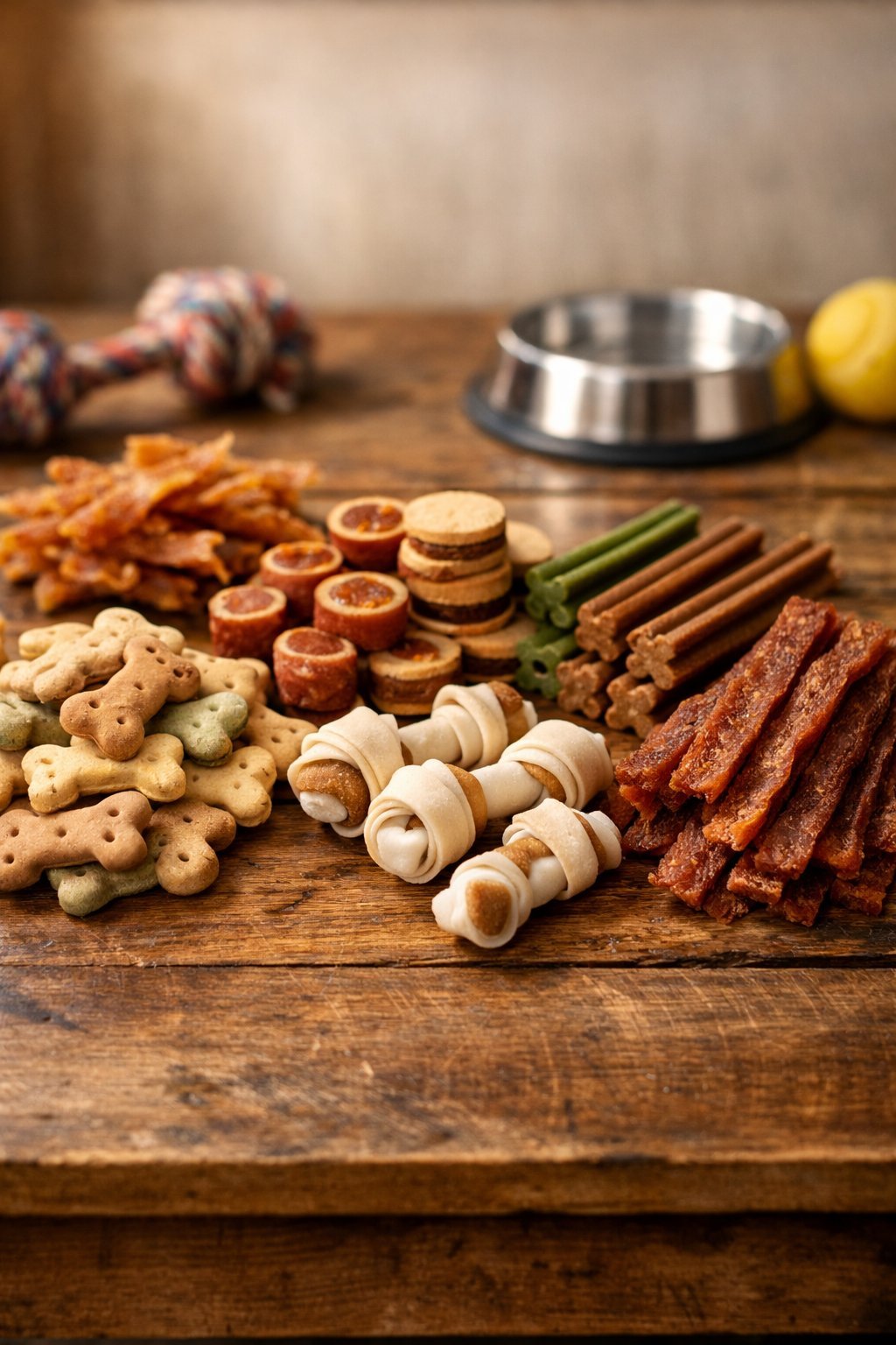 A variety of dog treats arranged on a wooden table with dog toys and a water bowl in the background.