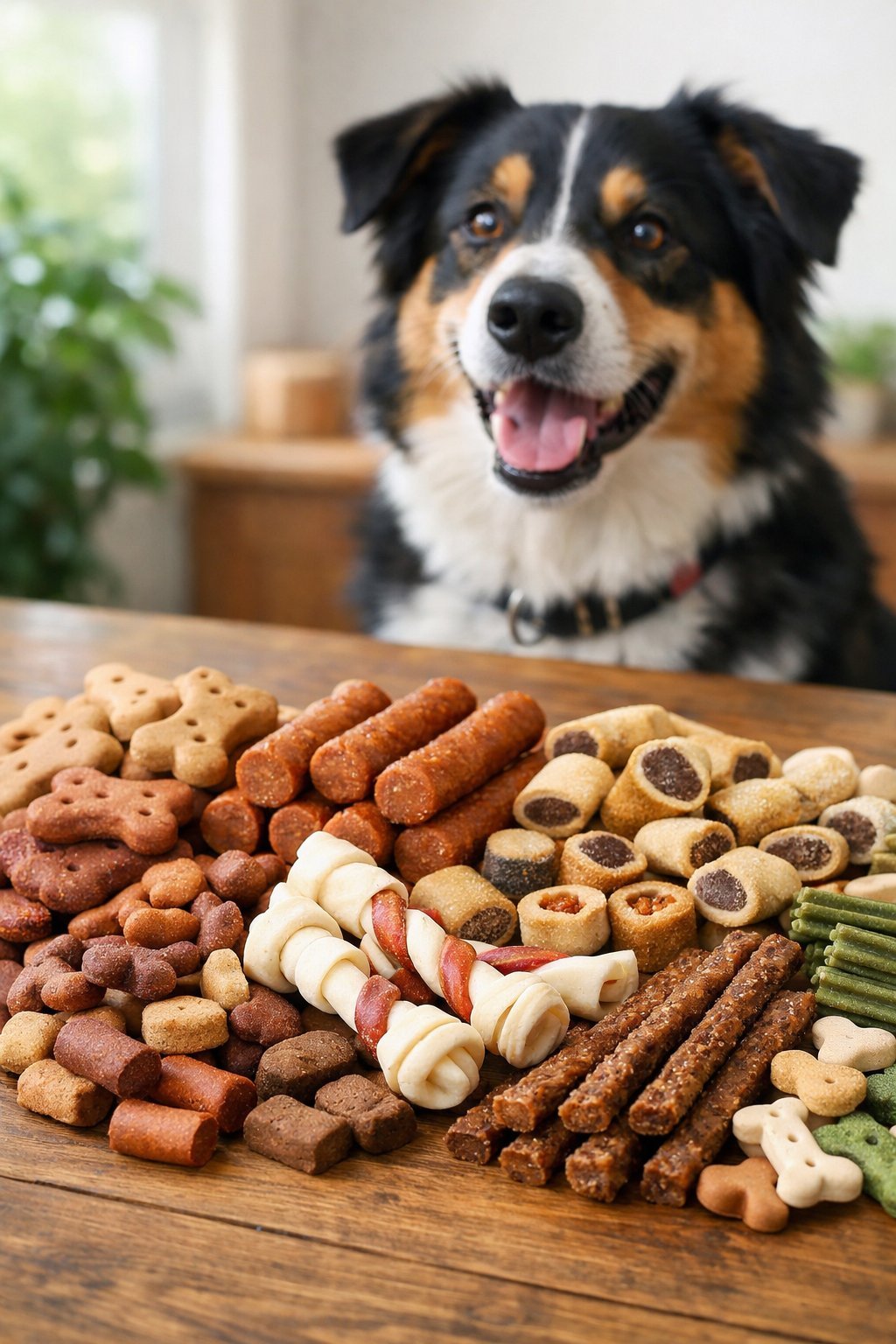 A dog looking eagerly at a variety of dog treats arranged on a wooden table.