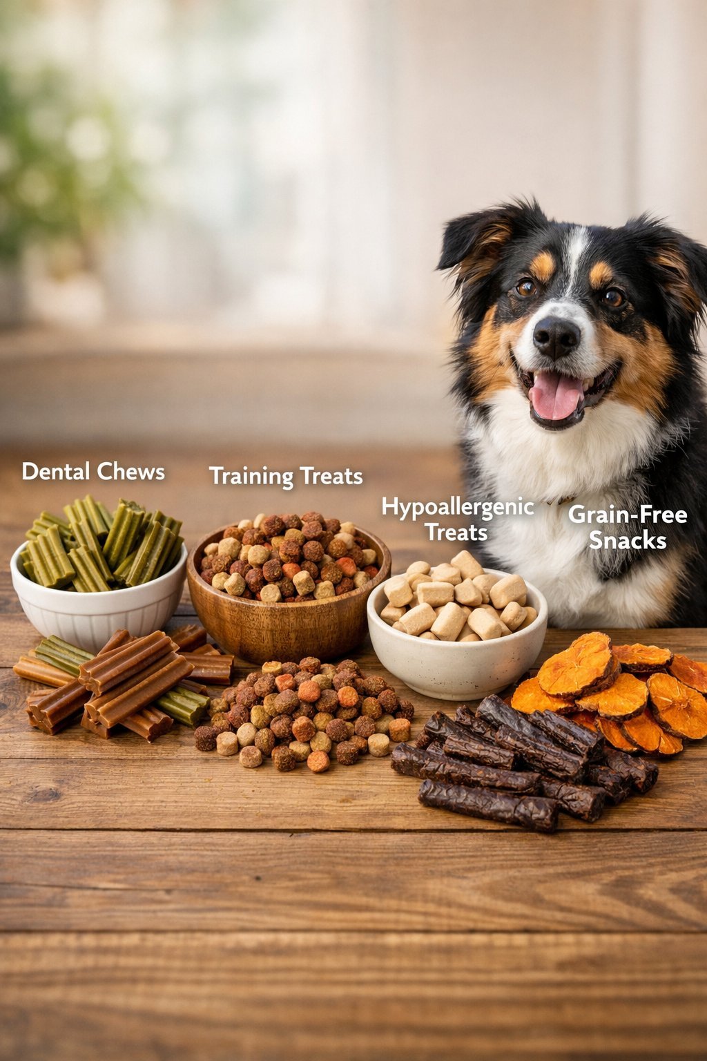 A happy dog sitting next to various types of dog treats arranged on a wooden surface.