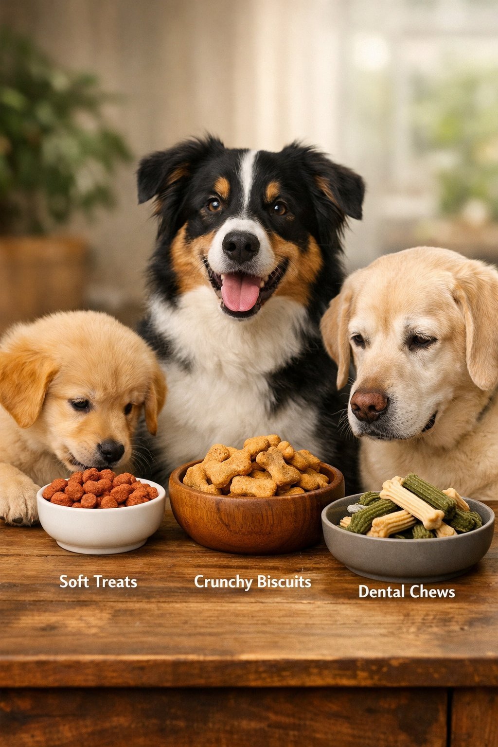 Three dogs of different ages near bowls of various dog treats arranged on a wooden table.