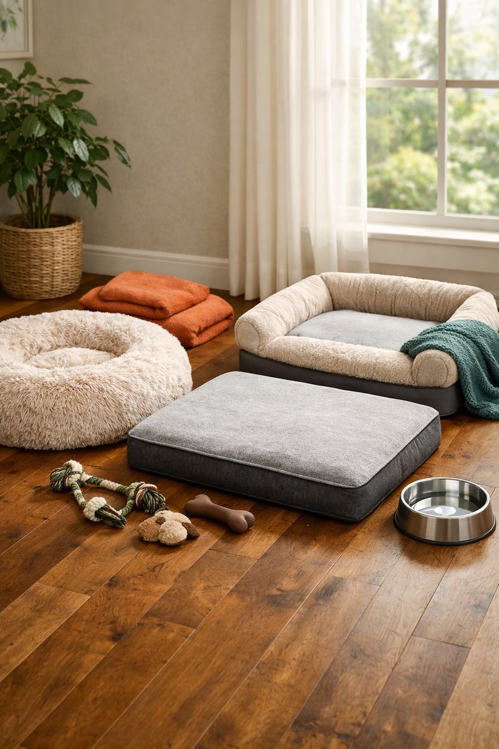 A cozy indoor scene displaying various dog beds and accessories arranged neatly on a wooden floor near a window.