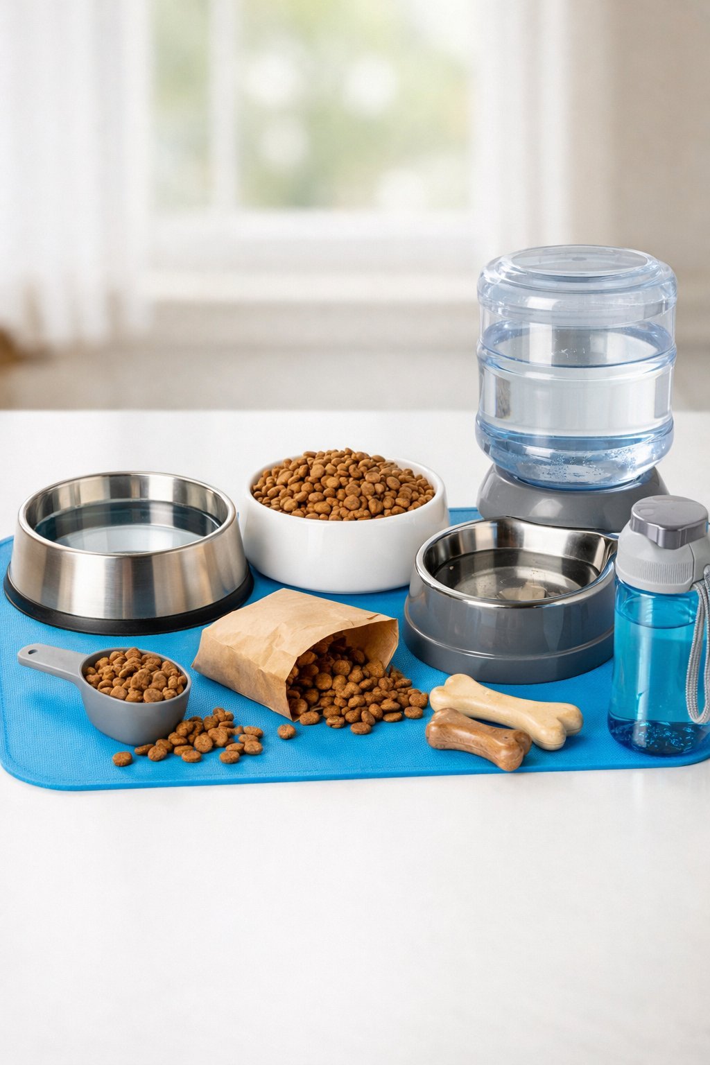 A collection of dog feeding and hydration accessories including water and food bowls, a silicone mat, a measuring scoop, and a water dispenser arranged on a bright surface.