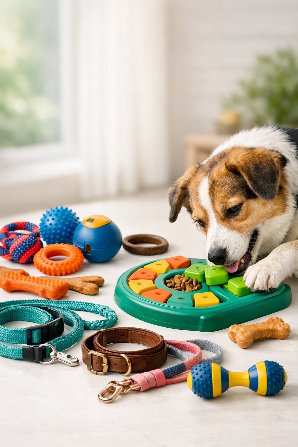 A happy dog interacting with various colorful dog accessories including toys, collars, and leashes arranged on a bright surface.