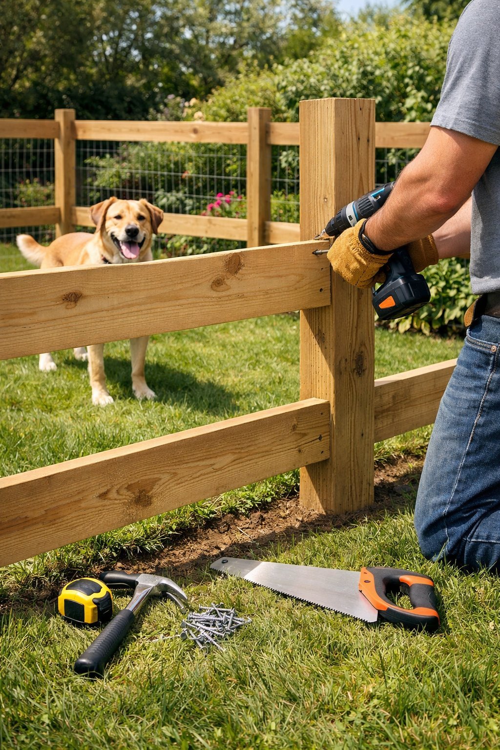 A person building a wooden dog fence in a backyard with tools nearby and a dog inside the fenced area.
