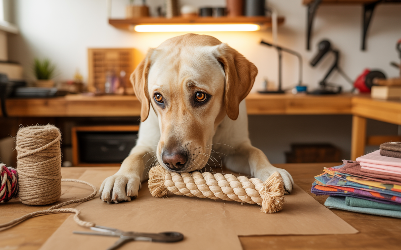 yellow lab sitting at a crafting table with homemade dog toys, diy dog projects and smart product ideas for dog owners.