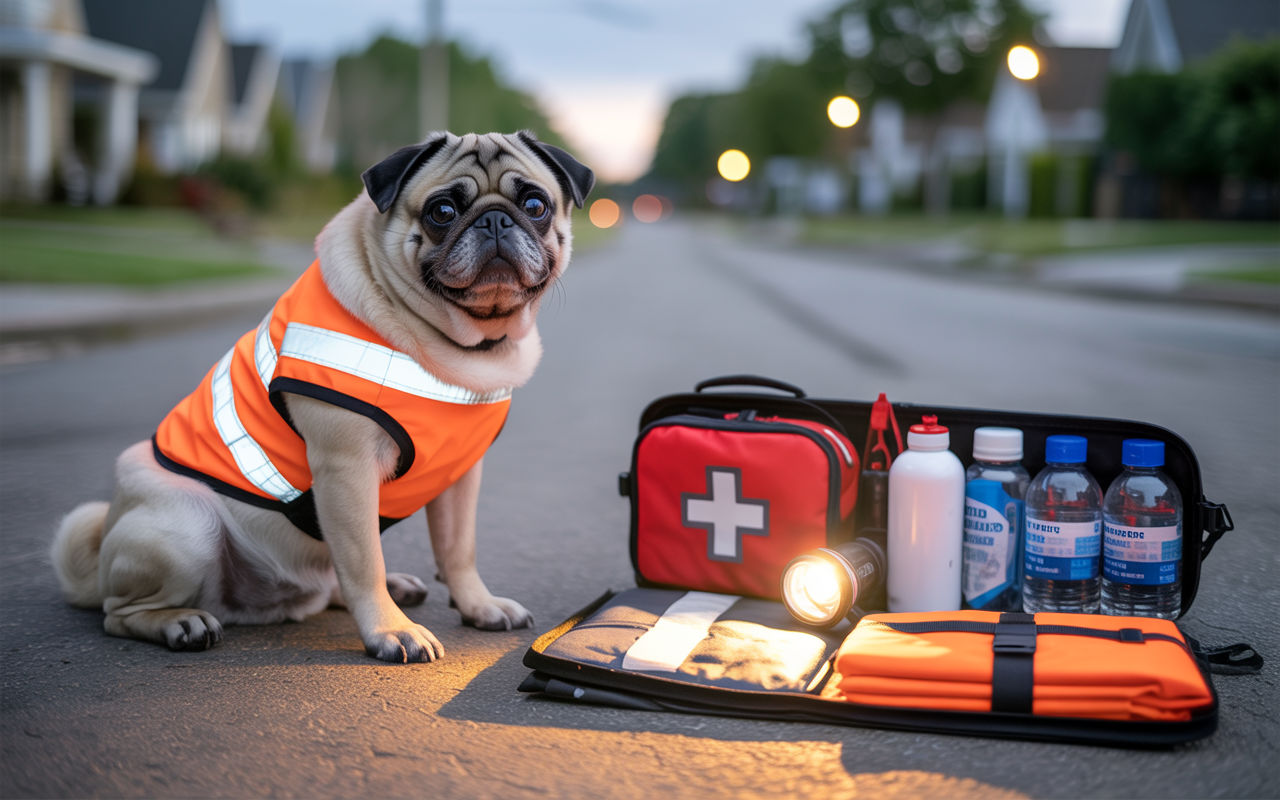 pug wearing a reflective vest next to emergency supplies, dog safety tips and preparedness essentials for pet emergencies.
