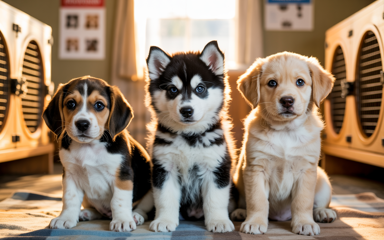 group of adorable puppies sitting together indoors, dog breed comparison and choosing the perfect dog for your lifestyle