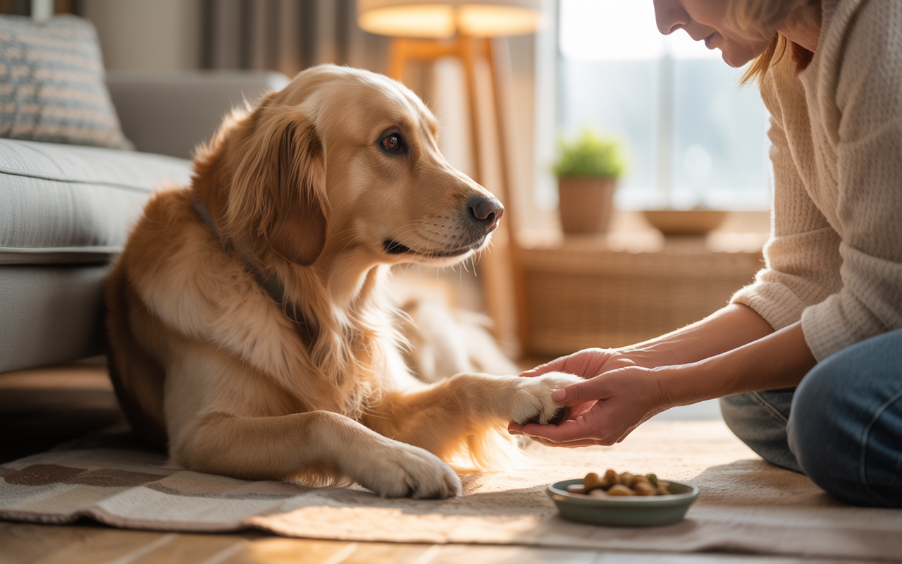 dog health and wellness golden retriever being cared for in a cozy home.