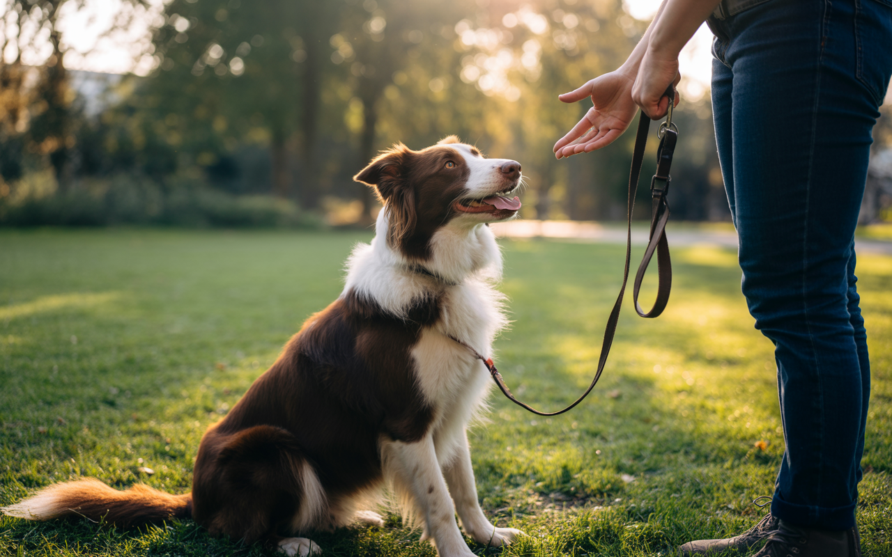 dog training behavior beagle learning commands outdoors with owner.
