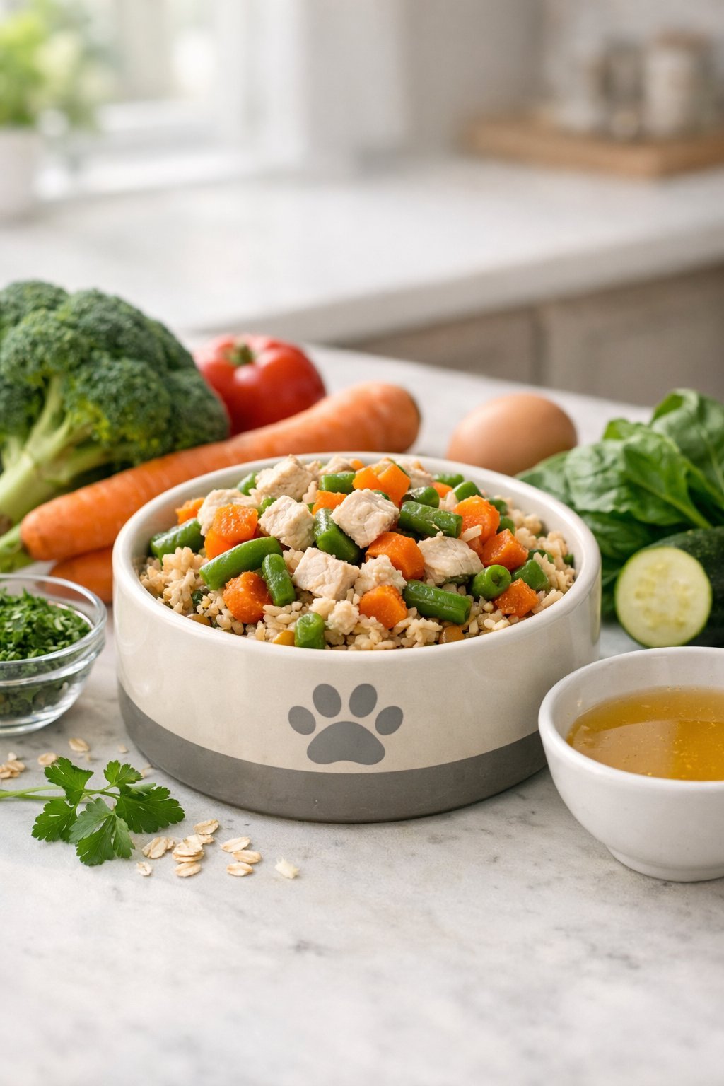 A homemade dog meal in a ceramic bowl with chicken, vegetables, and rice on a kitchen countertop surrounded by fresh ingredients.