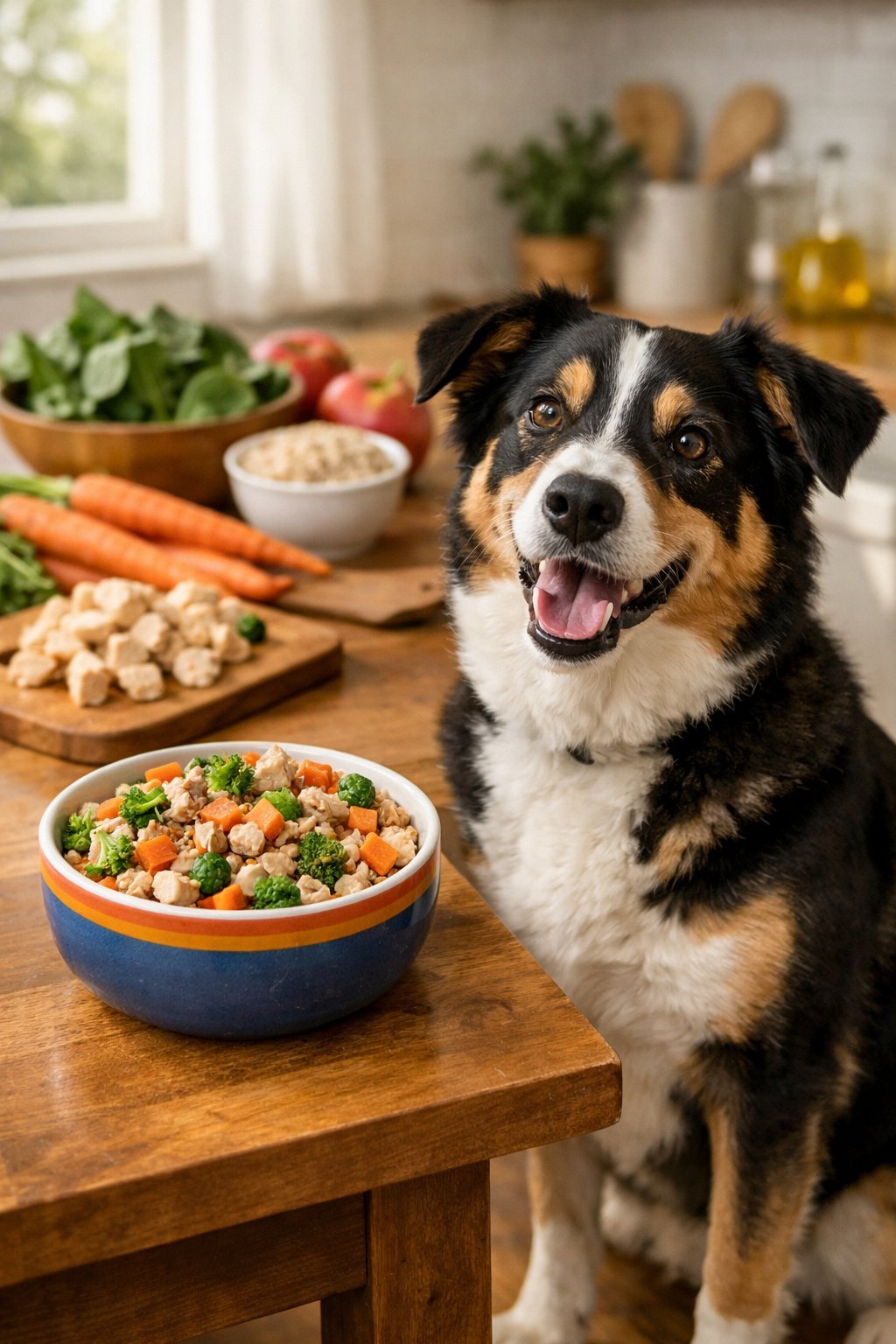 A healthy dog sitting next to a bowl of homemade dog food on a kitchen table with fresh ingredients nearby.