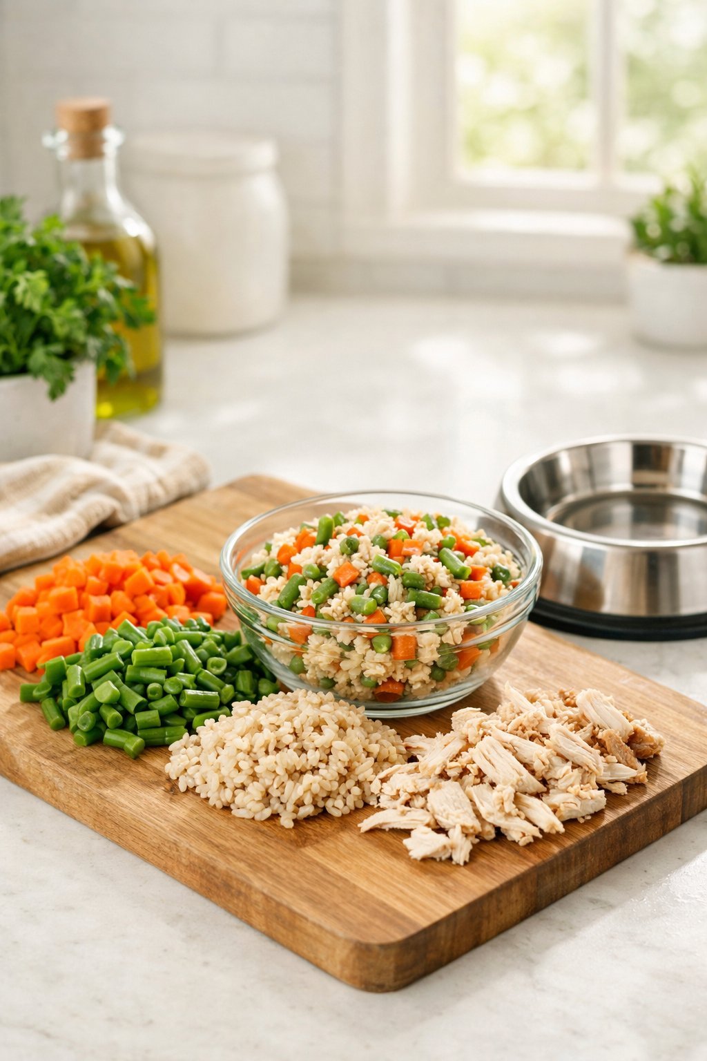 A kitchen countertop with freshly prepared homemade dog food ingredients and a bowl of mixed dog meal next to a dog bowl.