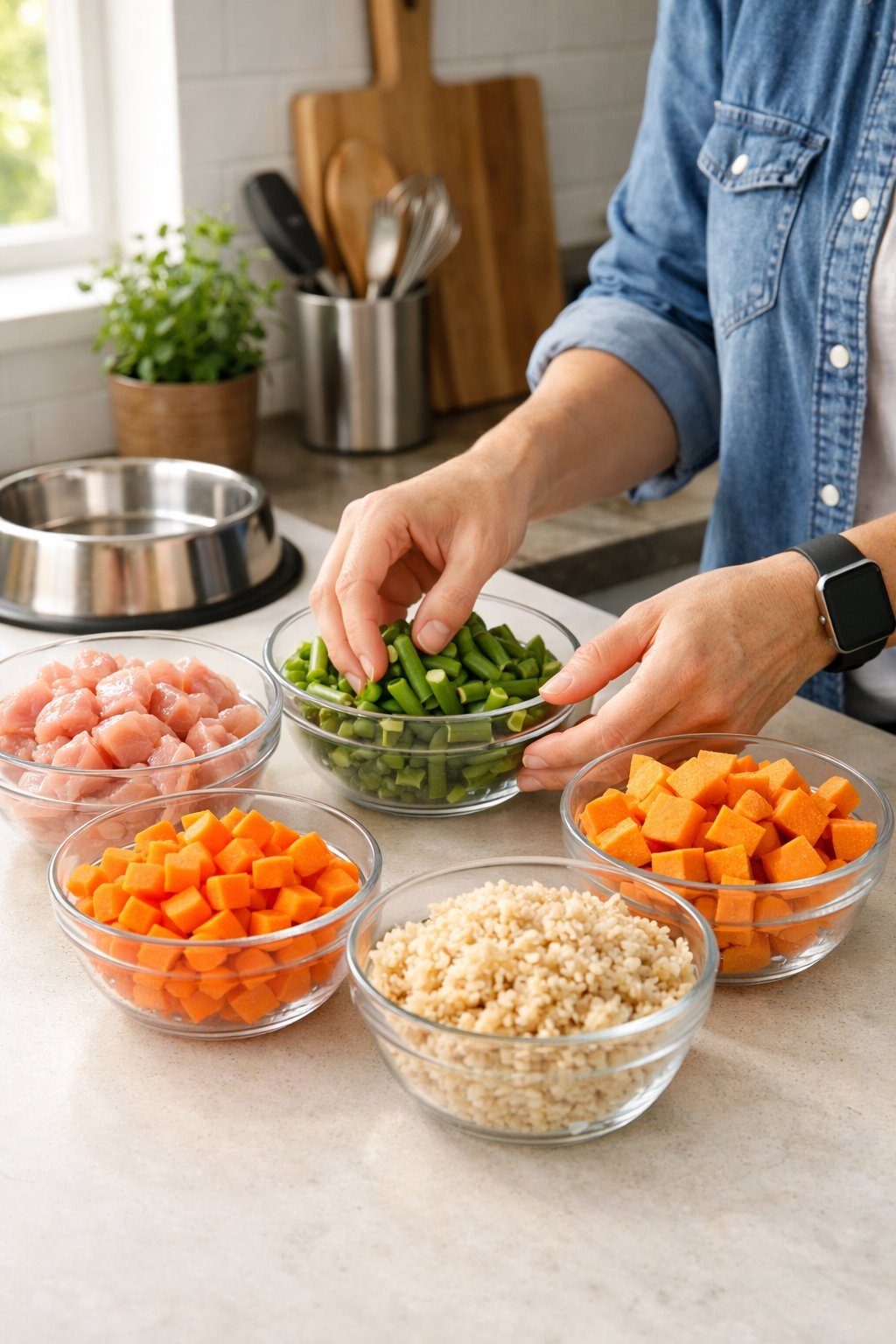 Hands selecting fresh ingredients like chicken, carrots, and green beans on a kitchen countertop for making homemade dog meals.