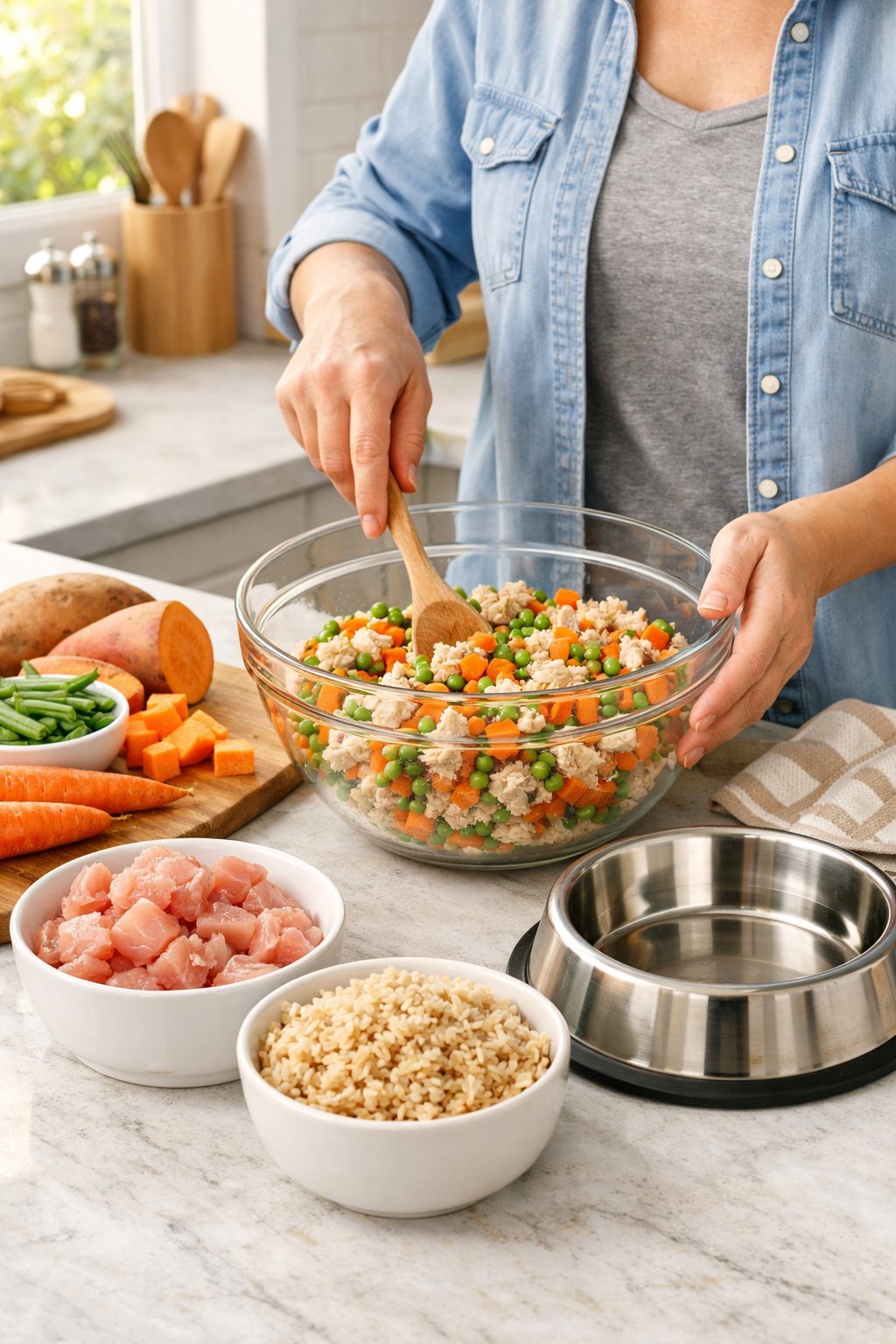 A person preparing fresh ingredients for homemade dog food in a kitchen with vegetables, raw chicken, and a dog bowl on the counter.