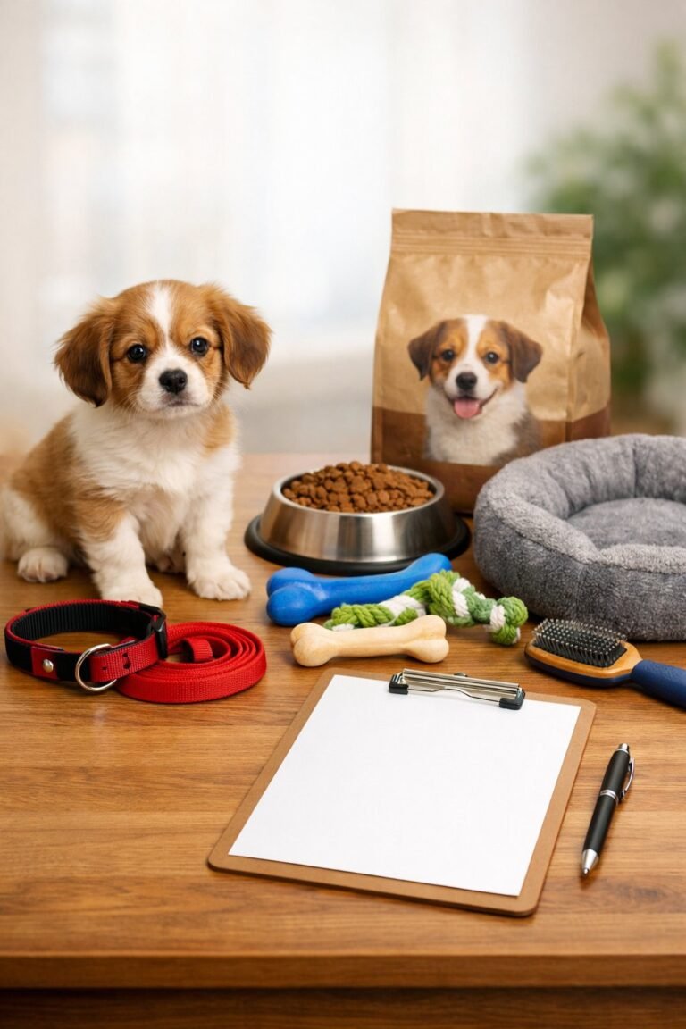 A small puppy sitting next to essential puppy supplies arranged on a wooden table, including a collar, leash, food bowl, toys, and a clipboard with a blank checklist.