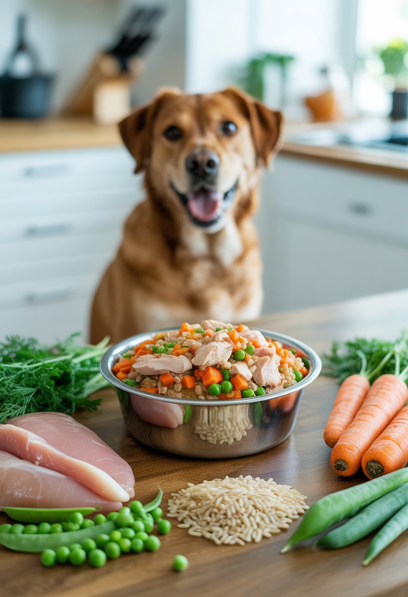 A bowl of homemade dog food with vegetables, chicken, and rice on a wooden table, with a healthy dog looking at it in a bright kitchen.