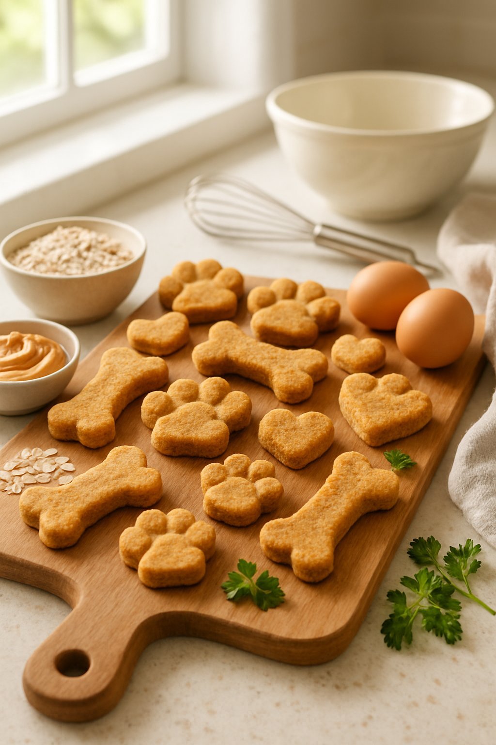 A wooden cutting board with homemade dog treats and bowls of natural baking ingredients on a kitchen counter.