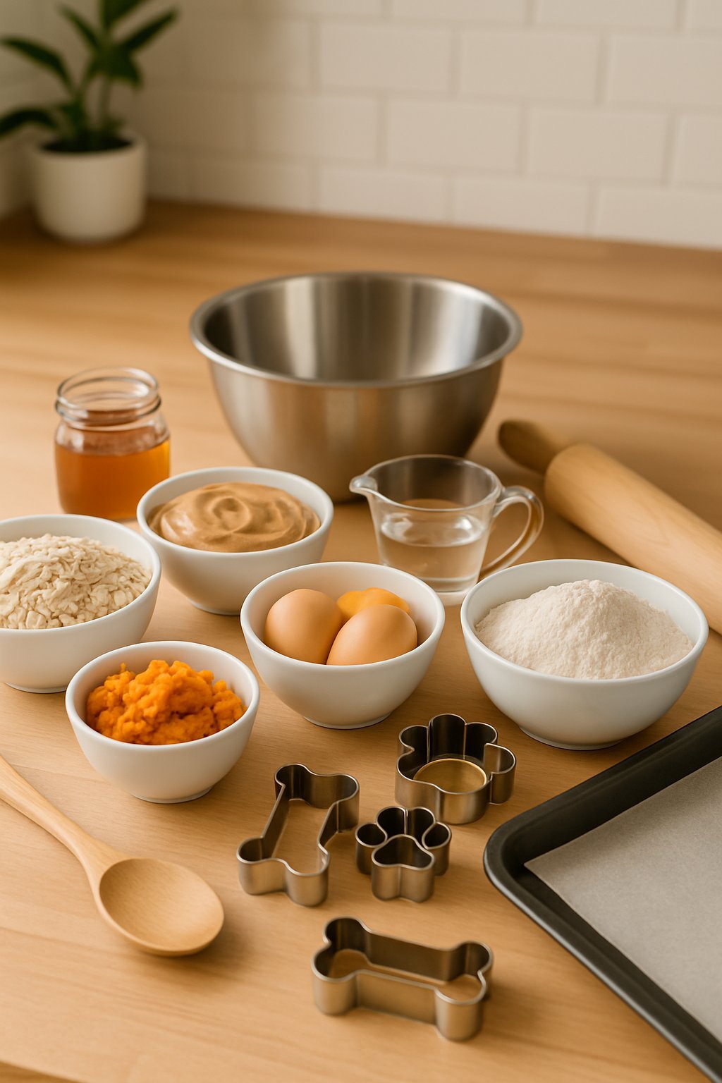 Kitchen countertop with ingredients and tools arranged for making homemade dog treats.