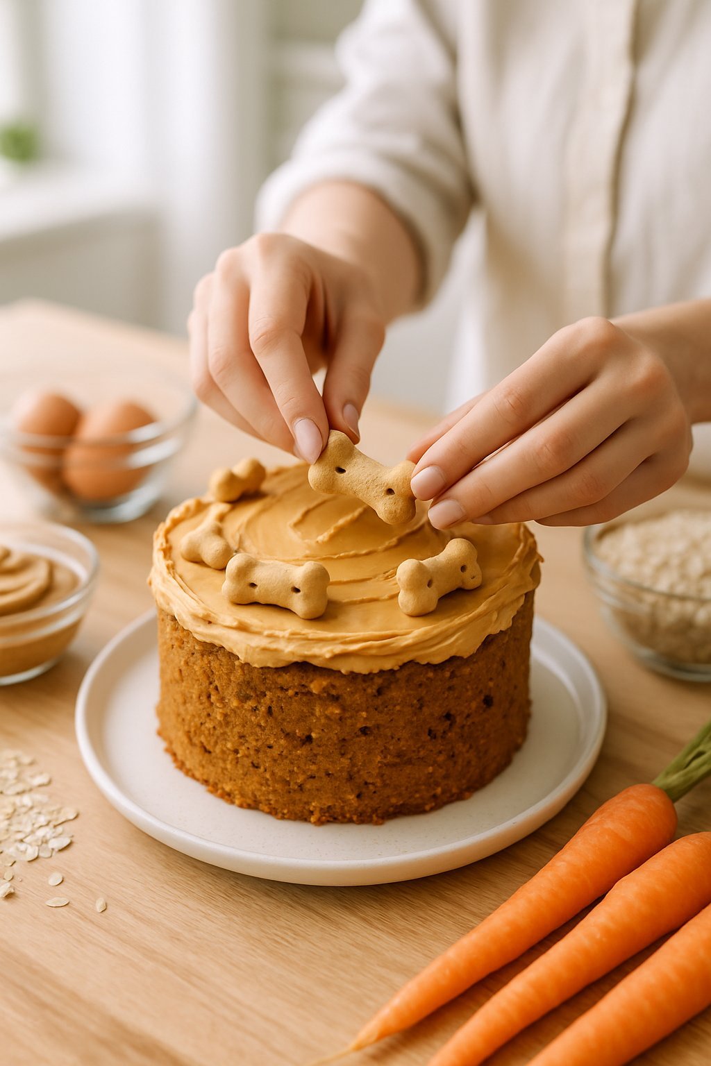 A person decorating a homemade dog cake with dog biscuits on a wooden countertop surrounded by baking ingredients.
