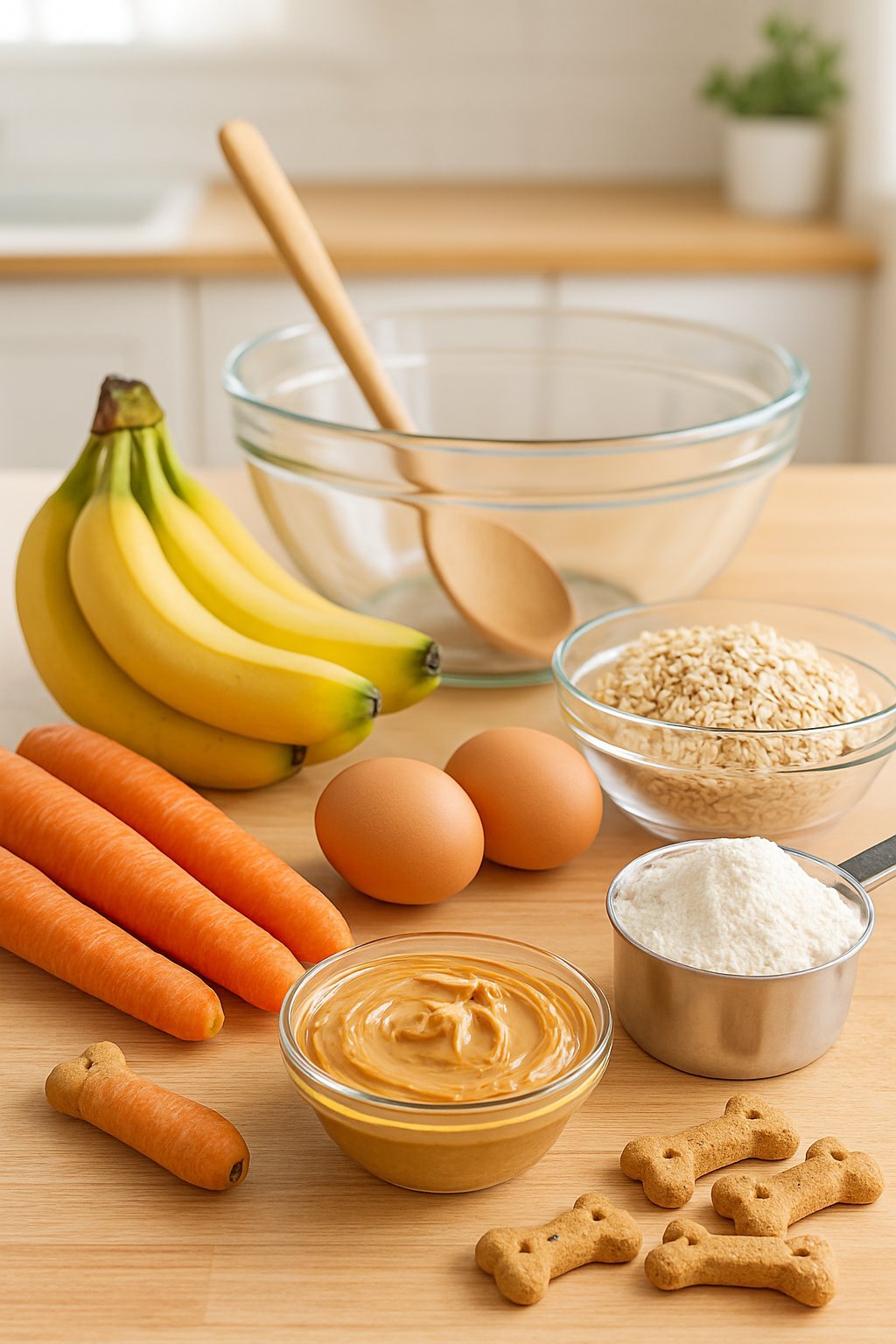 A kitchen countertop with ingredients like carrots, bananas, peanut butter, oats, eggs, and flour arranged for making dog cakes.