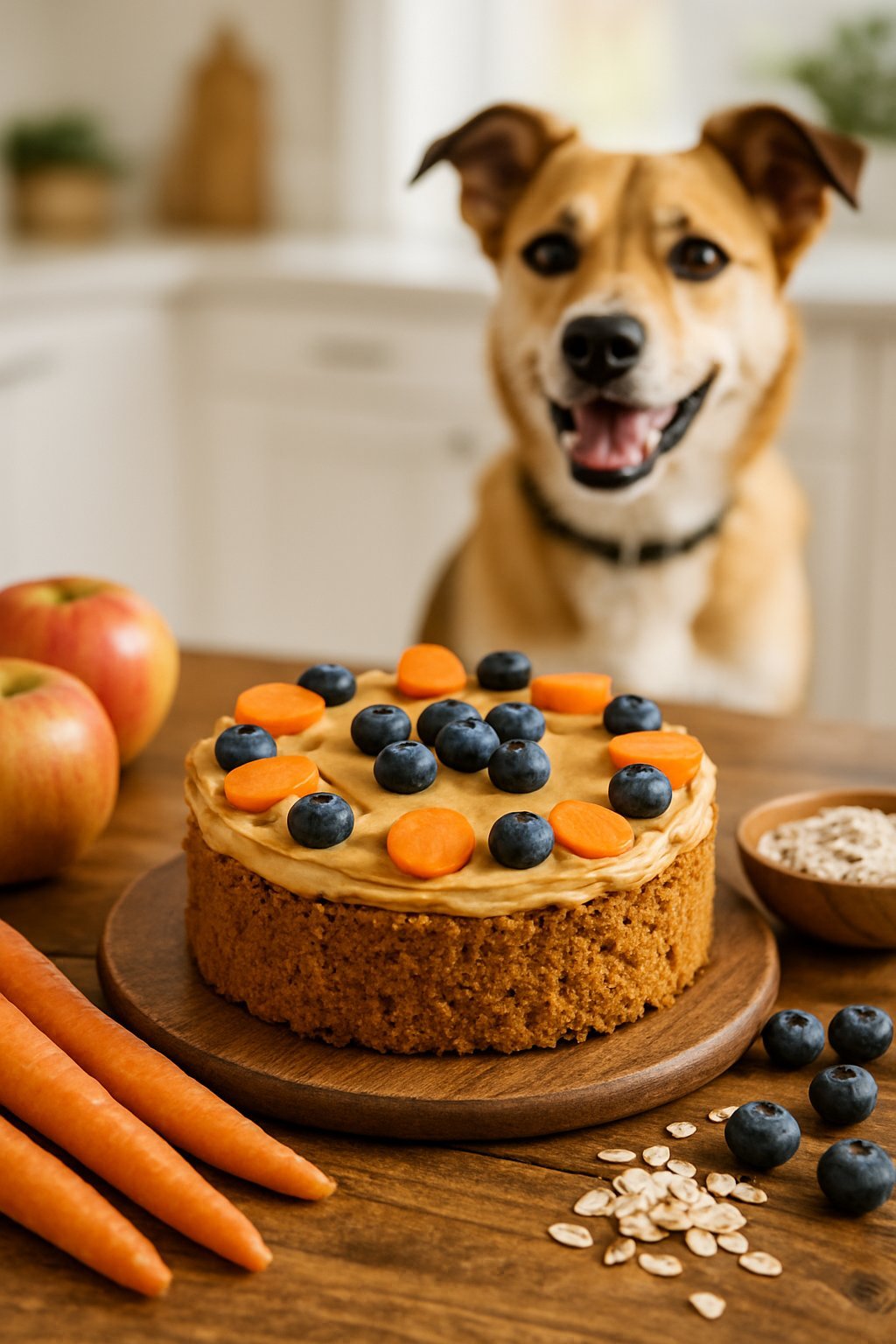 A homemade dog cake decorated with natural ingredients on a wooden table, with fresh fruits and vegetables nearby and a dog looking at the cake.