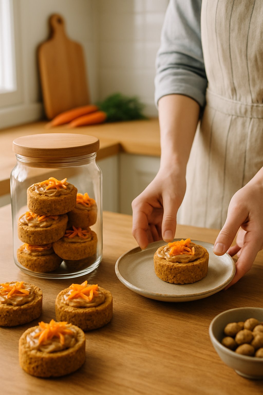 A kitchen countertop with homemade dog cakes on a plate and stored in a glass jar, with a person placing one cake on the plate.