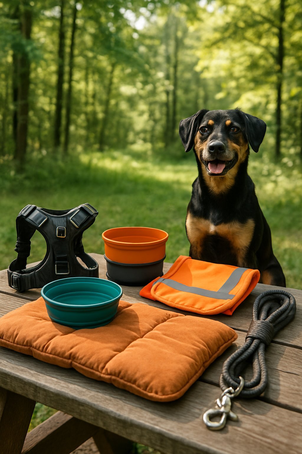 A medium-sized dog sitting next to organized camping gear including a harness, water bowl, sleeping mat, food container, safety vest, and leash on a picnic table in a forest.