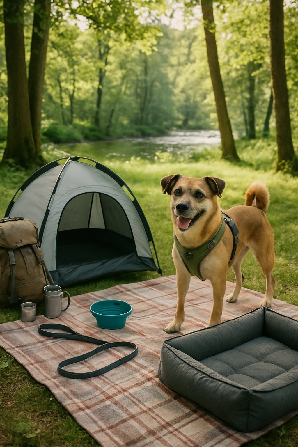 A dog at a campsite surrounded by dog camping gear including a tent, water bowl, leash, and bed in a forest near a calm lake.