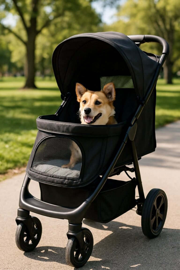 A small dog sitting comfortably inside a dog stroller in a sunny park.